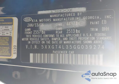 2016 Kia Optima Lx from USA, damaged, VIN 5XXGT4L35GG039274